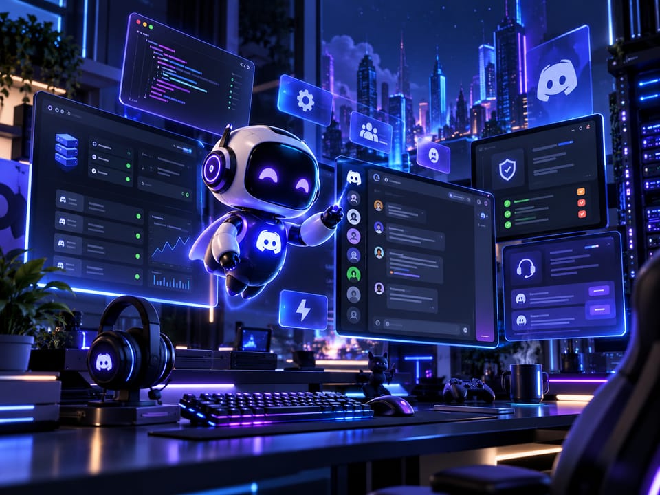 Discord bot on a desk with monitors showing a Discord dashboard