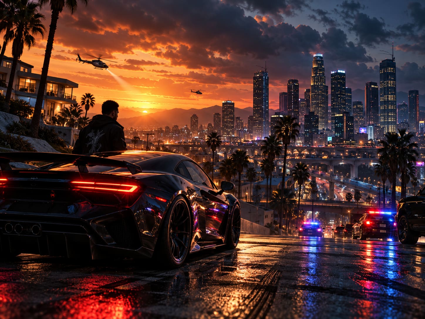 Sports car at night overlooking a lit-up city, with police cars in the background